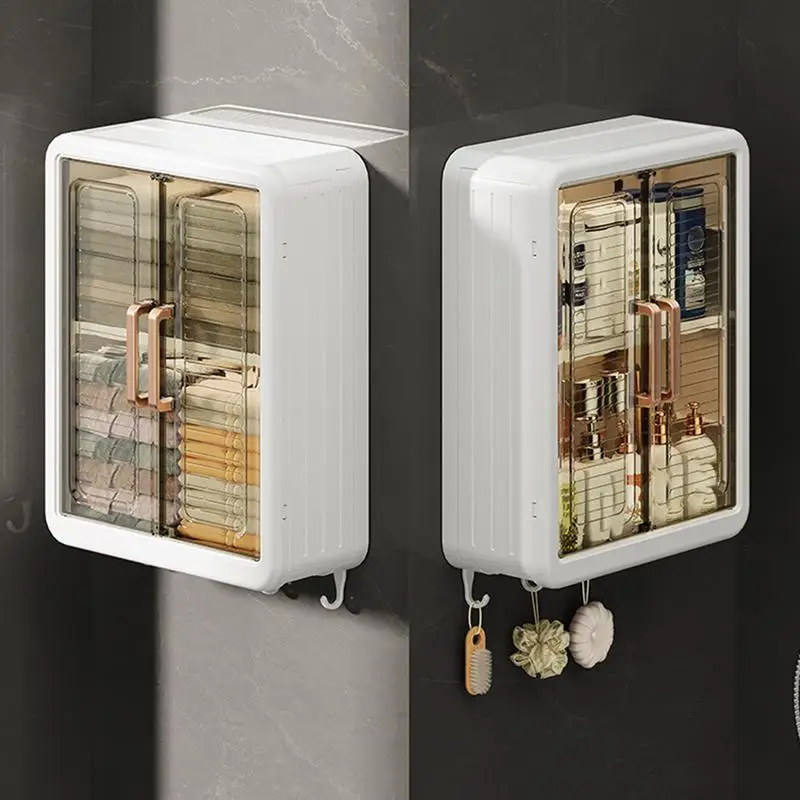 Household Punch Free Jar Storage Cabinet Kitchen Wall Mounted Rack With Double Door Bathroom Wall Adhesive Storage Cabinet