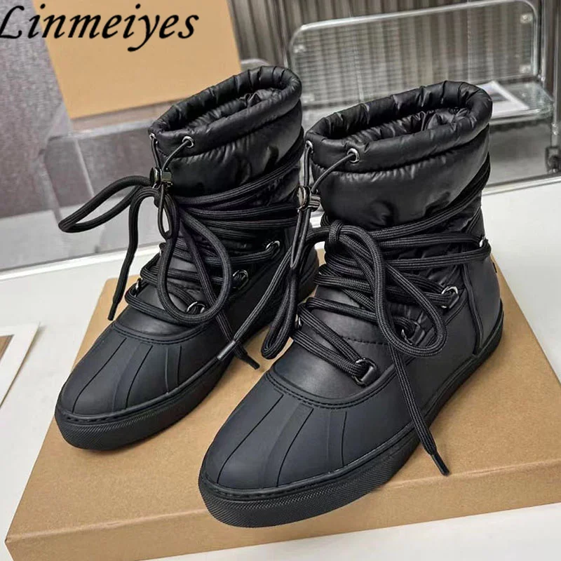 

Winter Down Cloth Waterproof Snow Boots Woman Round Toe Drawstring Short Boots Comfort Wool Warm Flat Shoes Women Botas Mujer