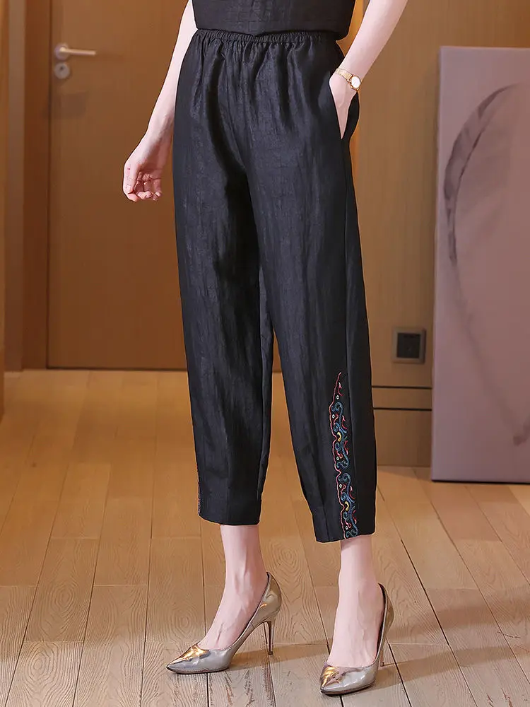 

Big Size Embroidery Trouser Women Nine-minute Pants Faux Silk Harlem Pants Casual Summer Women Clothing Loose Solid New