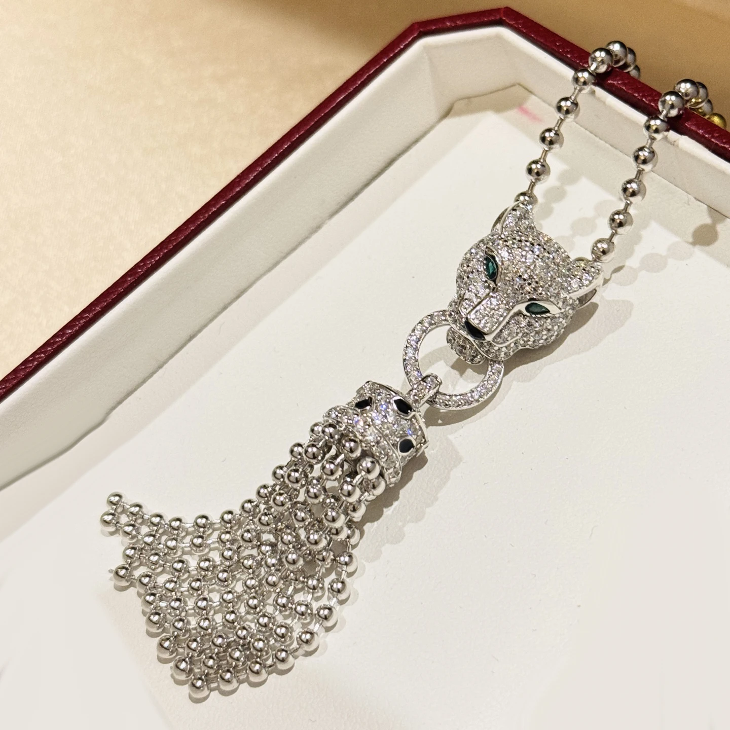 Luxury Designer Real 925 Sterling Silver Necklace Tassels Leopard Pendant Diamond Green Eyes Women High Quality Brand Jewelry