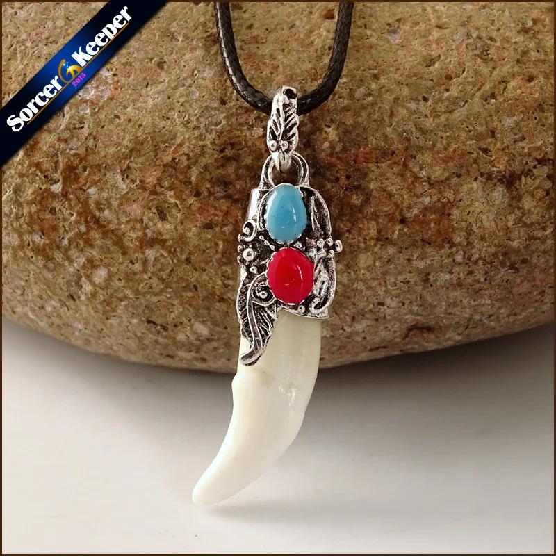 Punk Fashion Brave Men Jewelry SilverColor Tone Natural Stone Inlaid Cream Tribal Design Wolf Tooth Charm Pendant Necklace LY916 silver chain necklace fang tooth necklace natural stone necklace