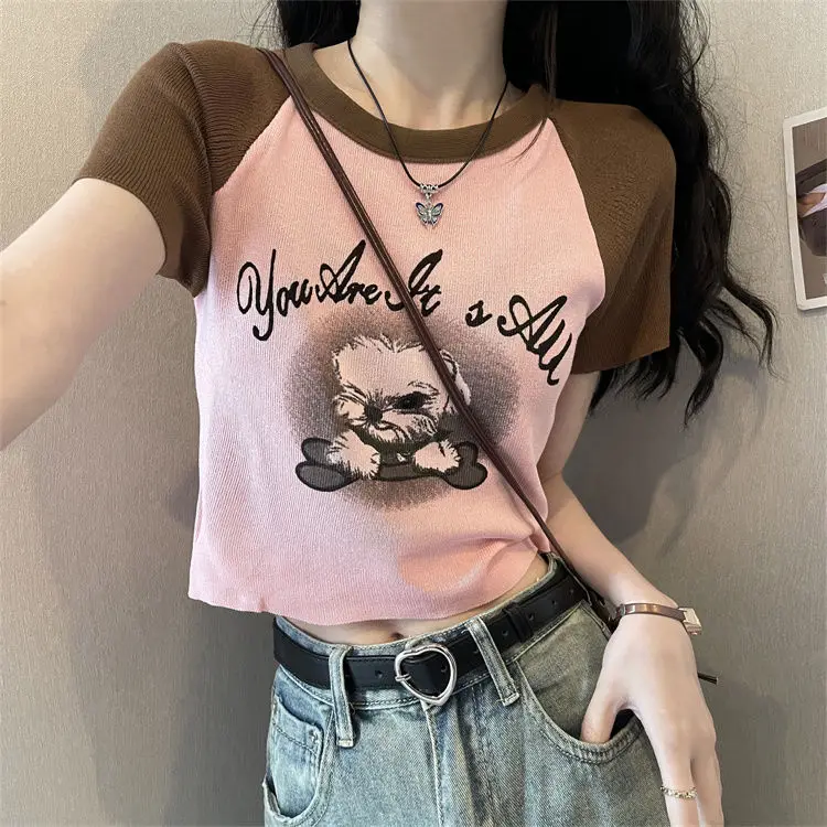 

Summer Print Crop Cartoon T Shirt Women Short Sleeve Aesthetic Animal Female Casual Higt Street Top Korean O Neck Kawaii Tees