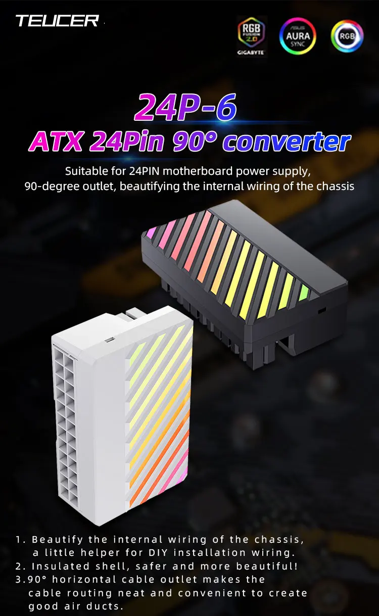 TEUCER ARGB 24Pin ATX Adapter 90° Converter 24PIN Adapter Suitable for 24PlN Mot