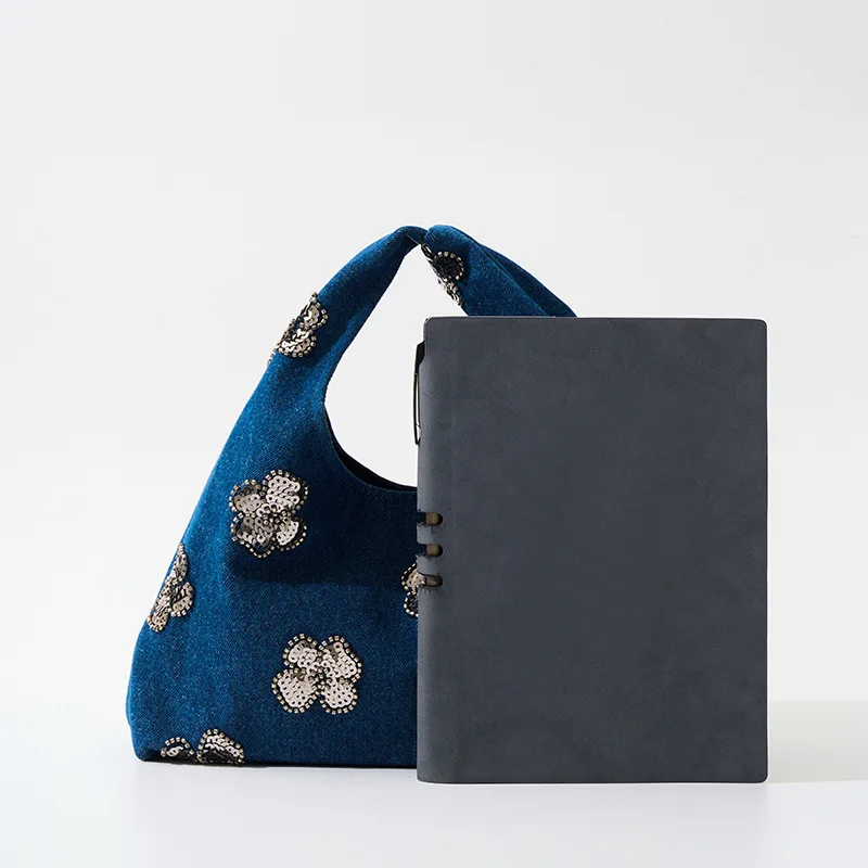 Creative Star Dream Denim Handbag Women's Tote Bag Glittering Floral Vintage Small Ladies Bag Soft Open Top Internal Structure
