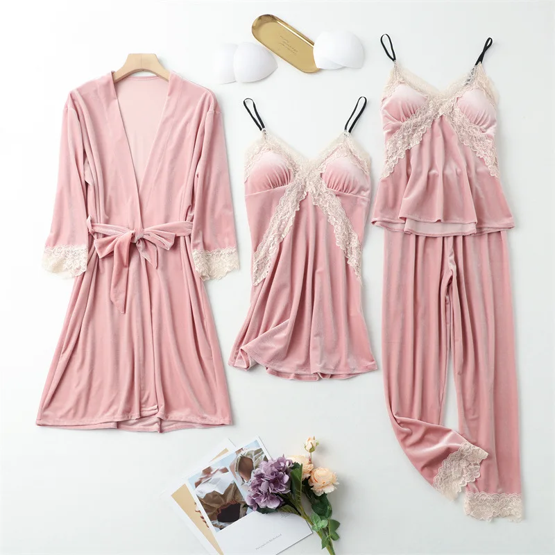 

Velour Lace 4pc Sleepwear Pijamas Suit Spring Autumn Kimono Bathrobe Gown Pajama Set Women Velvet Pyjamas Nightwear Homewear