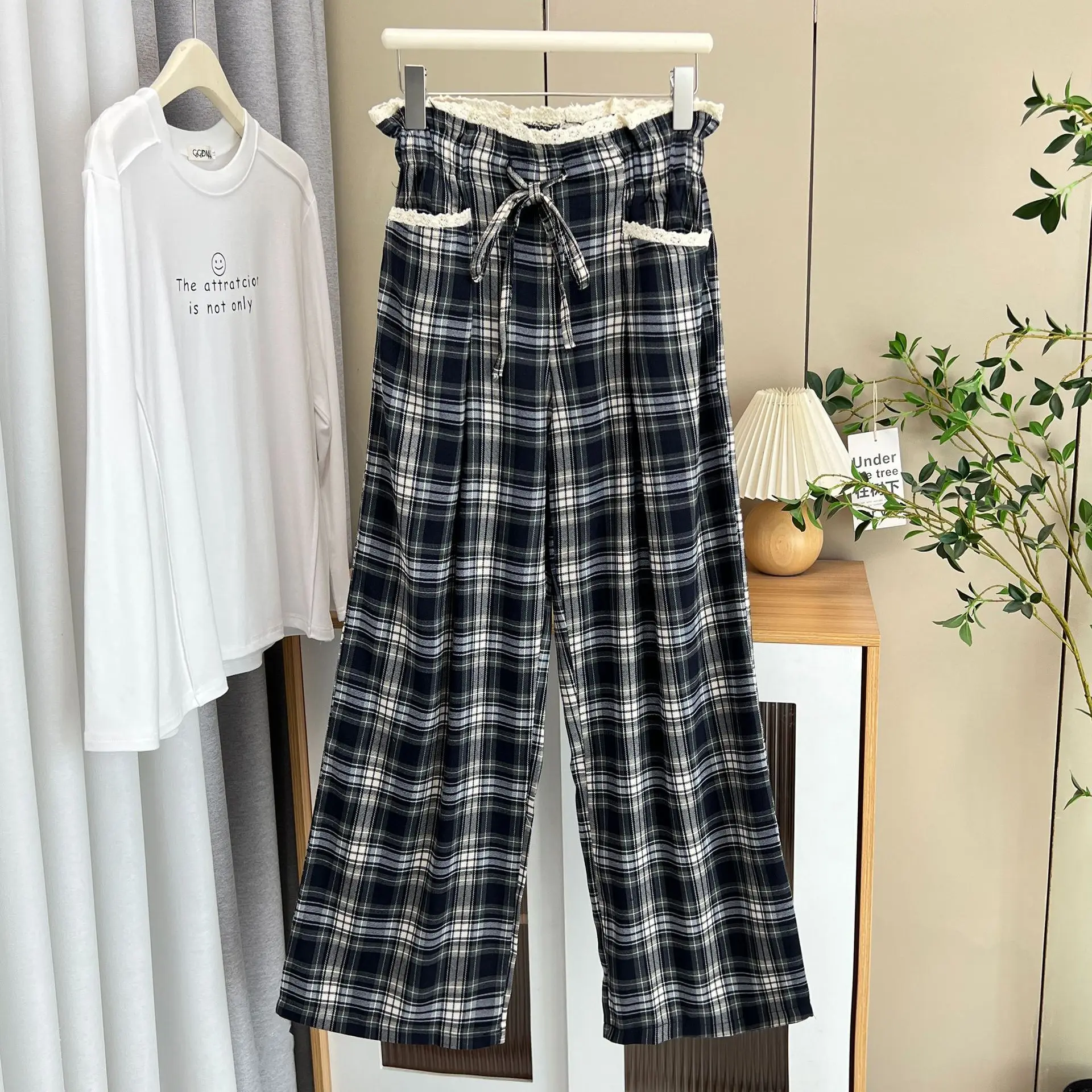 Fashion Plus Size Women's Straight Pants New Stylish lace-trimmed Plaid Autumn Casual Wide Leg Full Length Trousers 1708