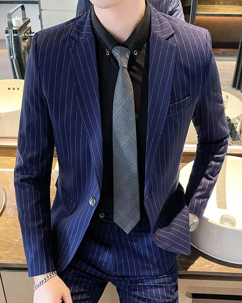 

2 Pcs Set Blazers Jacket Pants 2022 Fashion Men's Casual Boutique Business Striped Groom Wedding Suit Trousers Waistcoat B57