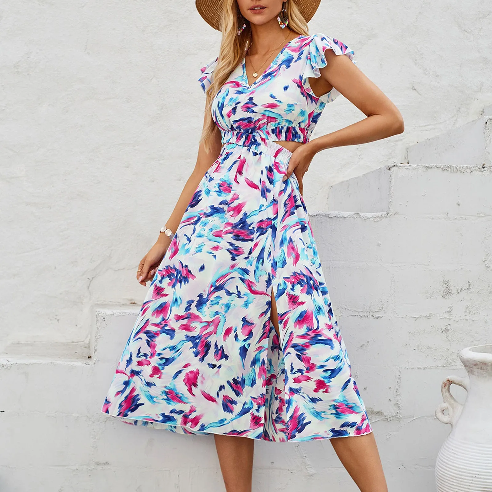 

Элегантное кружевное платье с прострочкой, женское летнее Повседневное платье с цветочным принтом, женское пляжное платье с вырезами, модные длинные платья в стиле бохо, 2024