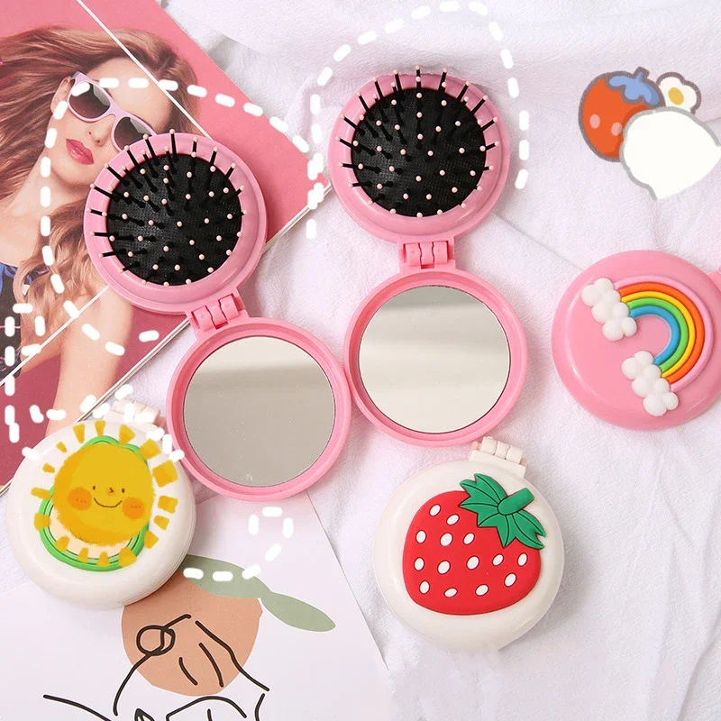 Princess Air Cushion Massage Makeup Hair Brush Cute Cartoon Animal Fruit Portable Comb with Mirror for Girls Baby Kids Stuff