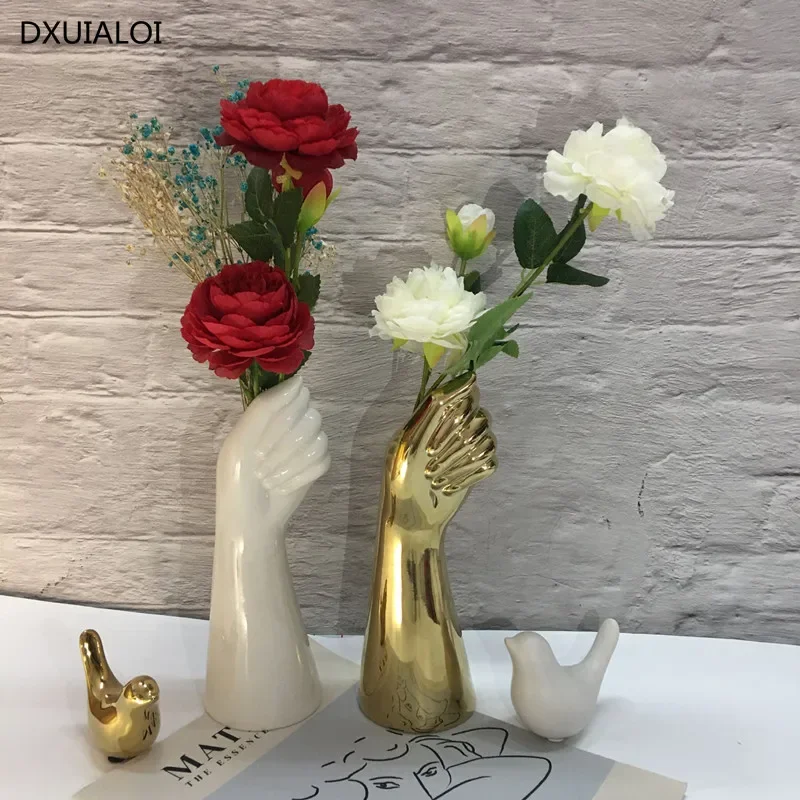 ceramics vase Nordic style Golden Hand Vase Flowers Modern Home Office Decor of Creative Floral Composition living room Ornament 2