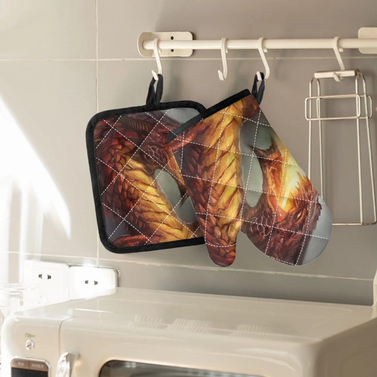 

TOADDMOS 2Pc Dinosaur Print Microwave Oven Mitts Polyester Non-Slip Oven Gloves Heat Resistant Mats For Kitchen Cooking Tools