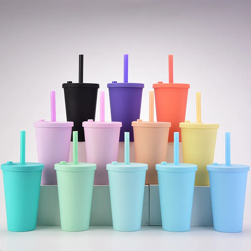 New Matte Reusable 473ml 480ml 16oz 18oz Plastic Cup Tumbler Double Wall  Tumbler With Macroporous Straw Coffee Cup Drink Mug