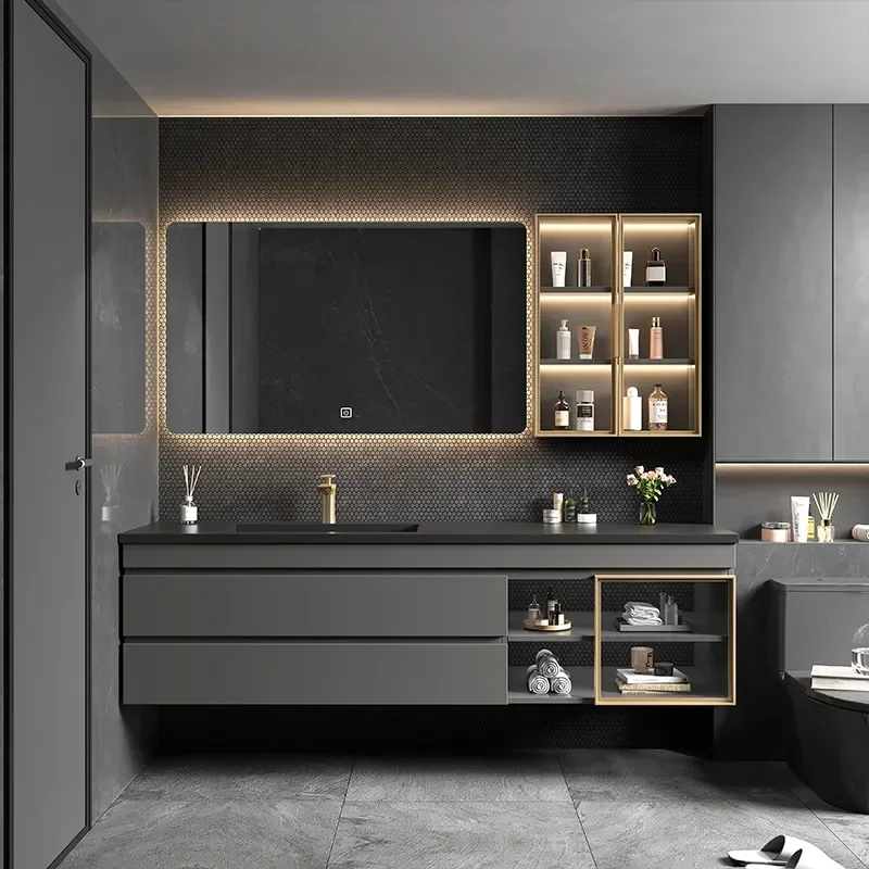 

Light Luxury Rock Plate Integrated Bathroom Cabinet Combination Modern Minimalist Bathroom Solid Wood Bathroom Toilet Wash Basin