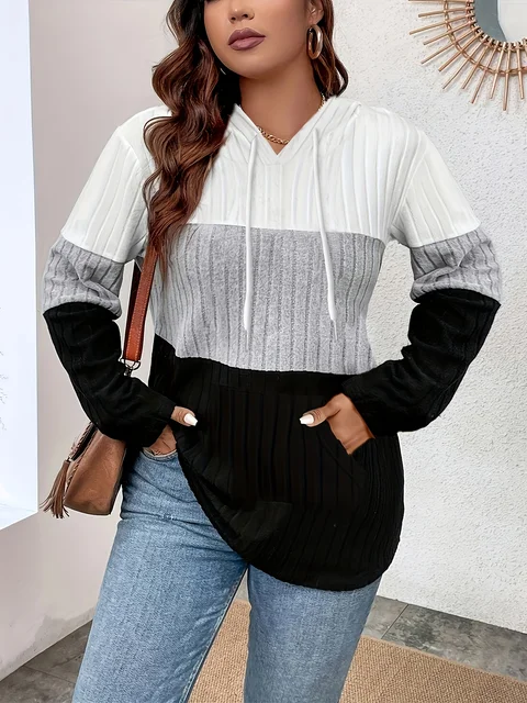 AliExpress European and American cross-border spring and autumn new plus-size stitching contrasting hooded sweatshirt 1