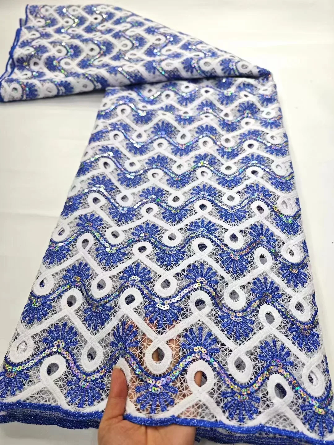 

2024 High Quality blue African Guipure Cord Lace Fabric Nigerian Stones Water Soluble Lace Fabric For Sewing Women Dresses