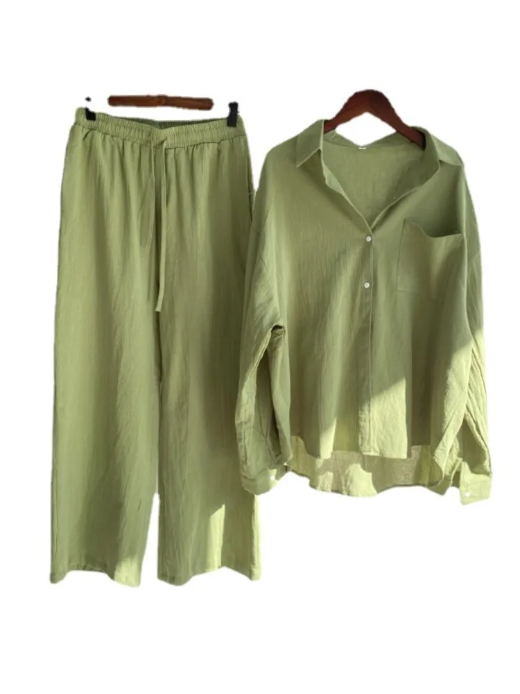 Cotton And Linen Solid Color Pant Sets Women Single-breasted Shirts And Drawstring Loose Wide Legs Trousers Two Piece Set Casual