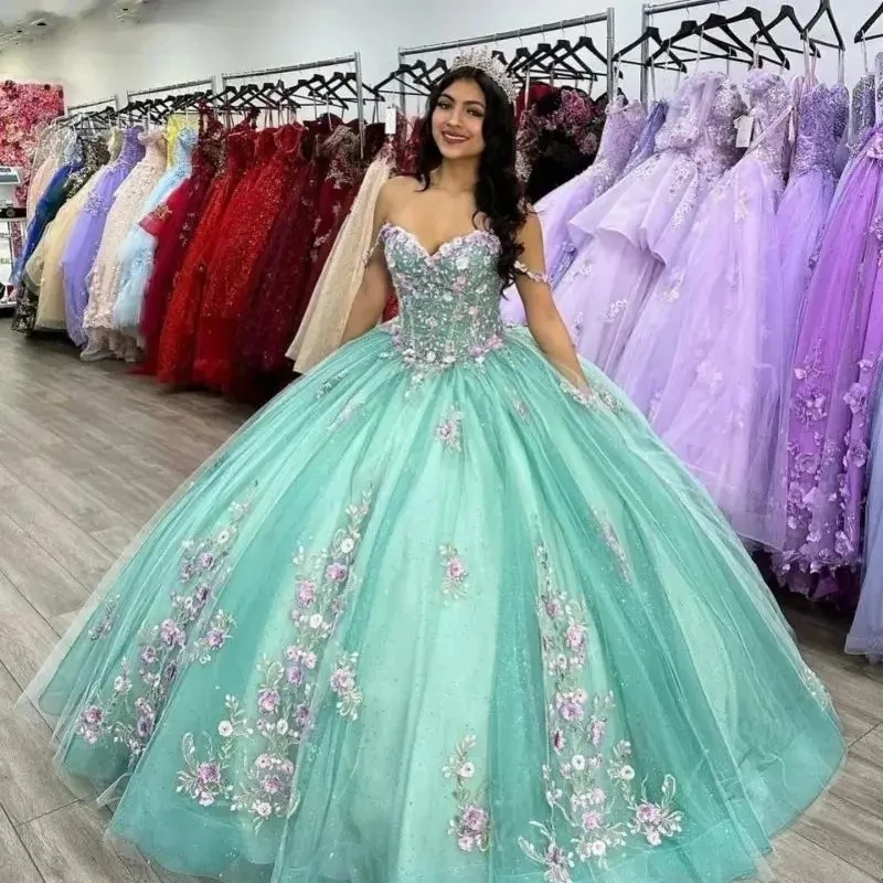 ANGELSBRIDEP Princess Mint Quinceanera Dresses Off Shoulder 3D Applique Vestidos De 15 Anos Ball Gown Sweet 16 Princess Party