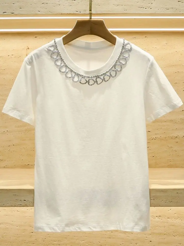 

Women's White T-Shirt Heart-Shaped Rhinestones Round Neck Short Sleeve Casual Summer 2024 Tee Tops