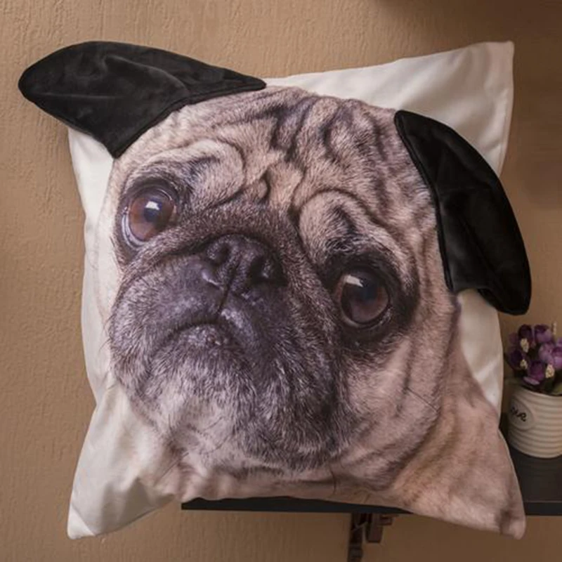 3D Big Ear Cushion Cover Pug Dog Print Pattern Home Decor Throw