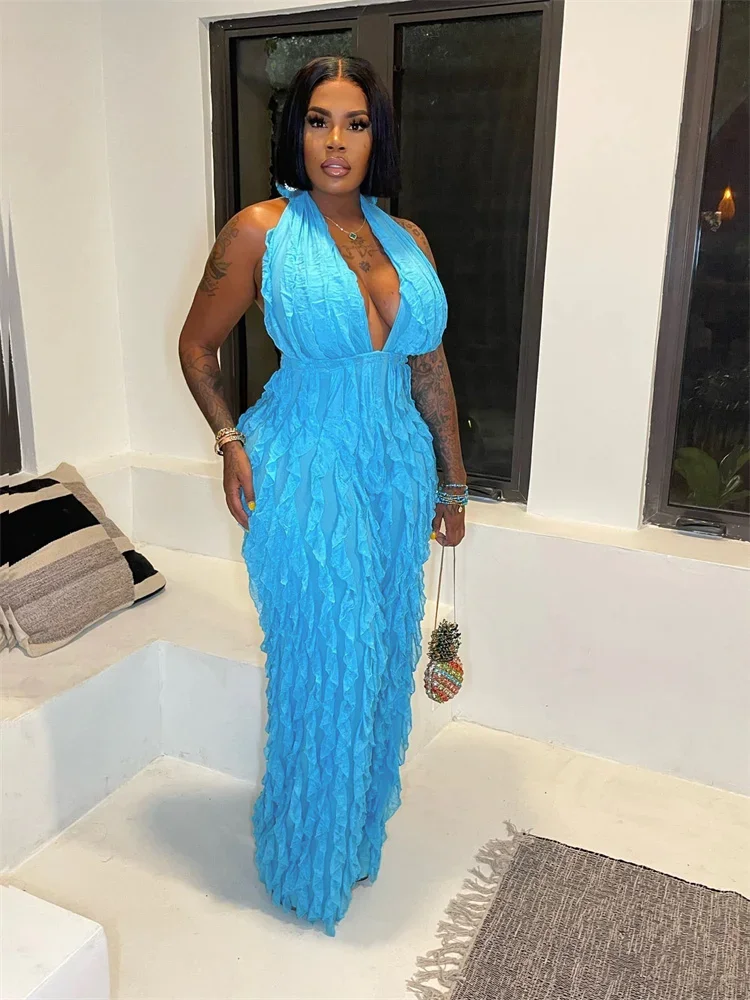 Wmster Jumpsuit Women Sexy Party Club Romper Ruffles Halter Backless Sleeveless Wide Leg Playsuit New Wholesale Dropshipping