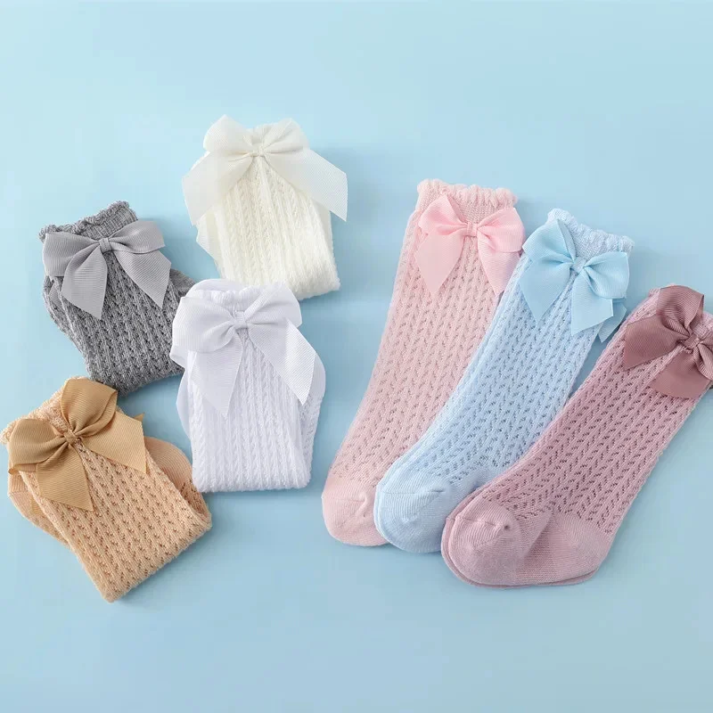 Baby Girls' Cotton Knee Socks, Recém-nascido, Infante, Princesa, Longo, Malha, Renda, Criança Bow, Verão, Novo, 0-24Month, 0-24Month