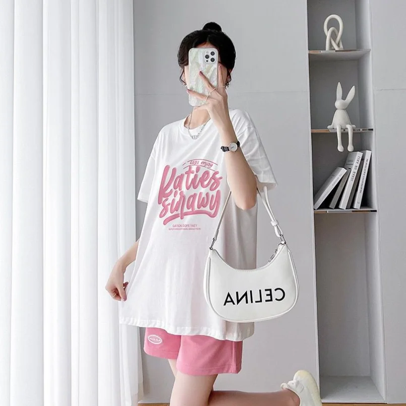 Summer Thin Maternity Suit Short Sleeve Maternity T-Shirt over Shorts Ice Silk Plus Fat Size T-Shirt