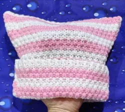 Chic Little Devil Striped Beanie with Cat Ears - Cozy Knit Wool Cap (PinkWhite)