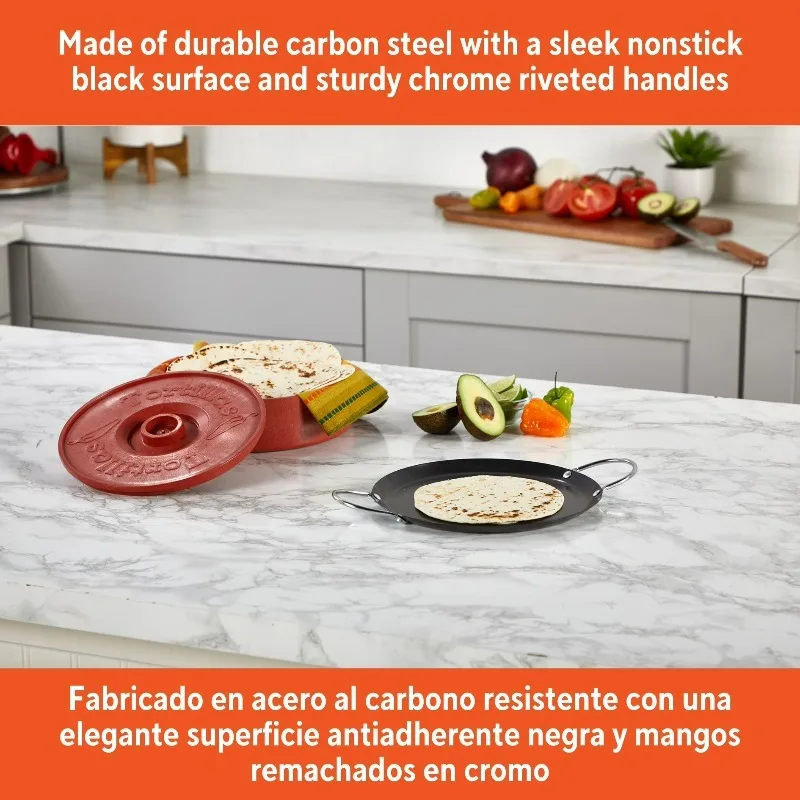 9in Carbon Steel Nonstick Round Comal with Metal Handles, Black 3