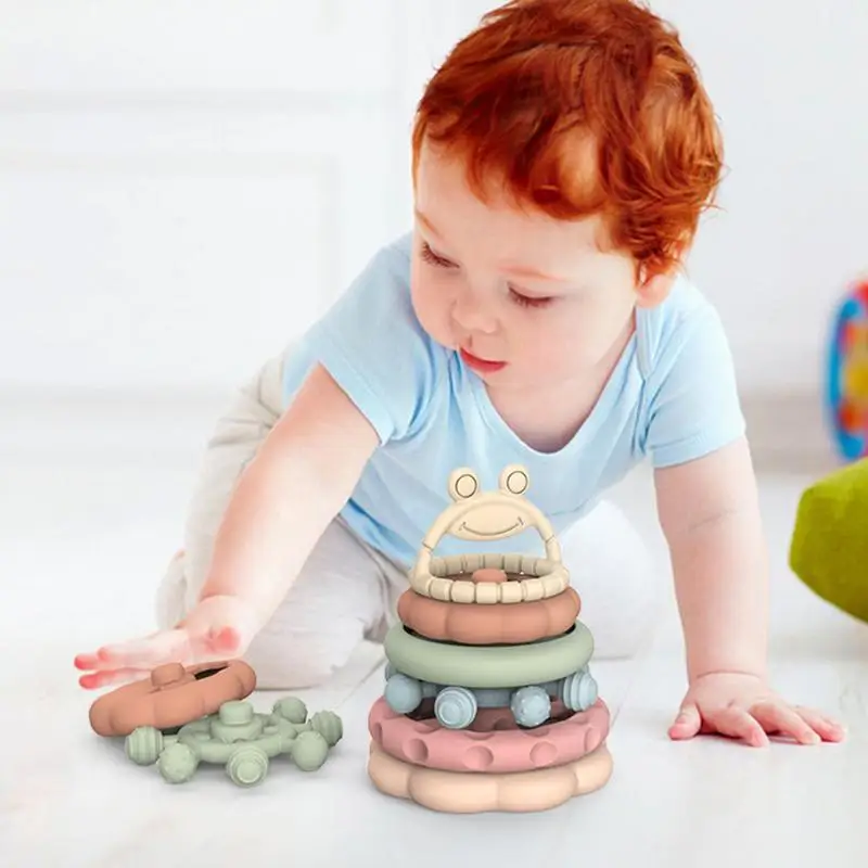 Stacking Ring Toy Colorful Cute Frog Building Rings Stacker Teethers 6 PCS/Set Montessori Toys For Early Learning Educational