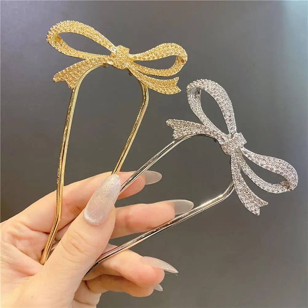 

U-shaped Tassel Faux Pearls Hair Fork Gift Shining Non-Slip Alloy Women Elegant Bowknot Rhinestone Hair Stick Hair Accessories