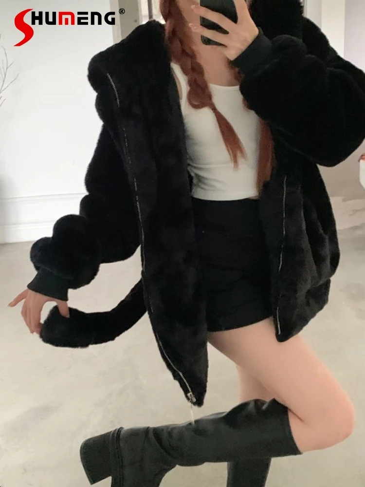Cute Winter Little Devil Ears Thickened Hooded Plush Coat College Women's Autumn Black with Extra Lining Cotton-Padded Clothes