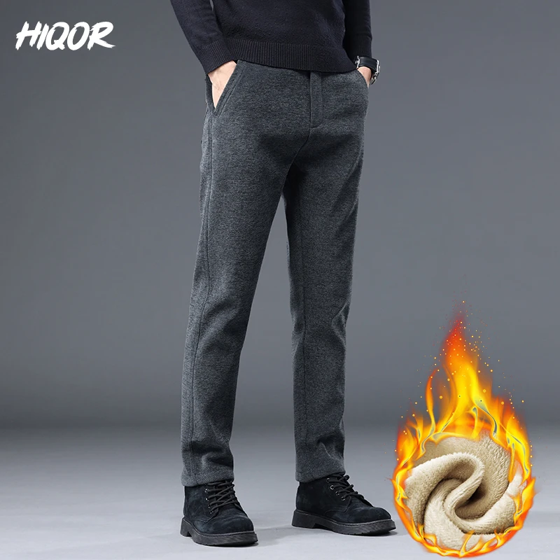 HIQOR Men\'s Winter Clothing New Thicken Warm Man Pants Winter Men Trousers Business Straight Baggy Pants Korean Fleeced Clothing