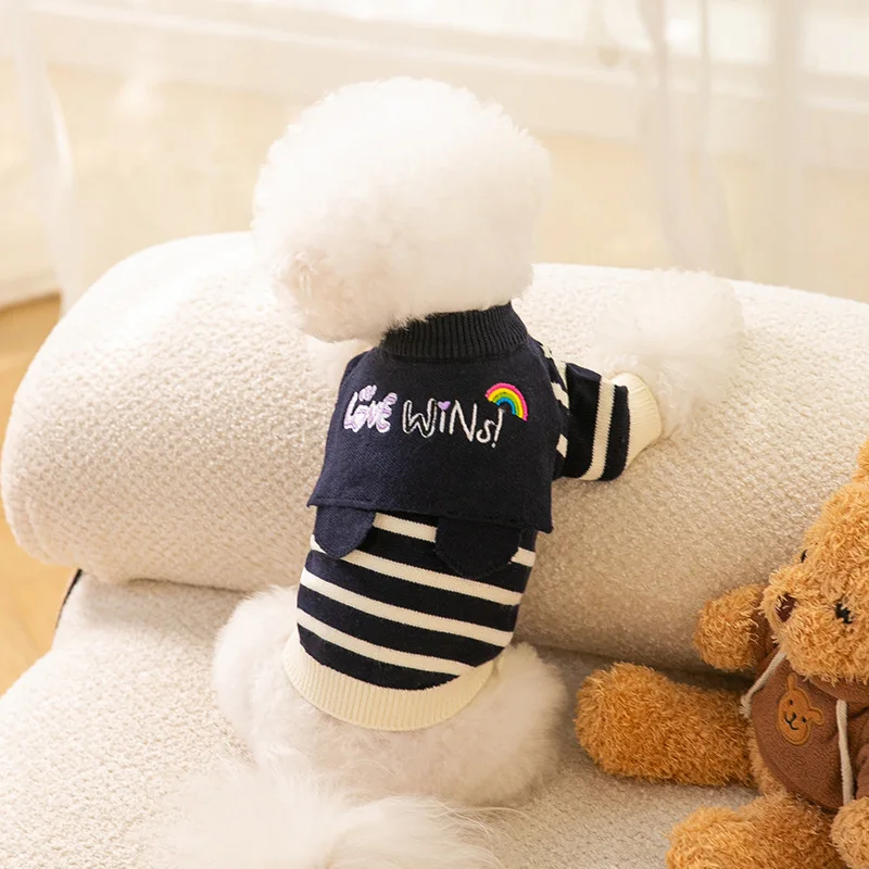 

Одежда для домашних животных на осень и зиму, трикотажный шерстяной свитер средней длины для маленьких собак, Модный пуловер в полоску, теплый свитшот для котят и щенков чихуахуа