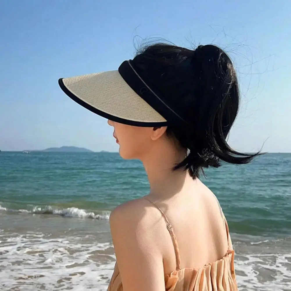 Summer Women Straw Hat Foldable Sun-proof Hat Fashionable Casual Large Brim Black Rubber Sunshade Hat Travel Cycling Sun Hat 6