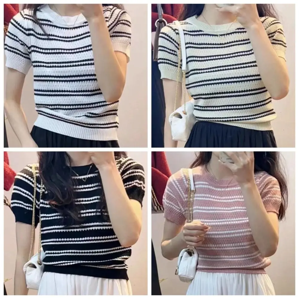 Fashion Ins Short Sleeve Crop Top Sweet Female Clothing Stripe Knitted T-shirt Bottoming Shirt Slim Fit Knitwear Women Summer