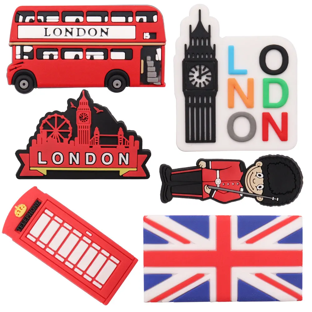 

New Arrival 1pcs Shoe Charms British Flag Guardsman Red Bus Accessories PVC Kids Shoes Buckle Fit Wristbands Birthday Present