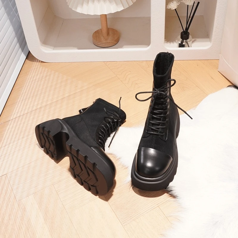 2023 Fashion Shoes Female Ankle Women's Boots Classics Modern Boots Women Back Zip Round Toe Lace Up Fretwork Heels Shoes Women