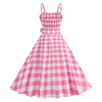 Women's Summer Dress Sexy Retro Pink Dot Plaid Spaghetti Strap Gown High Waist Party Clothes - Image 4