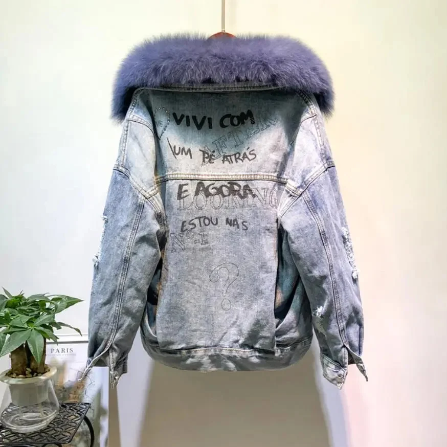

Winter Fashion Warm Natural Fox Fur Collar coats + Real Rabbit Hair Liner Denim Jacket Female beading Thick Outwear F25