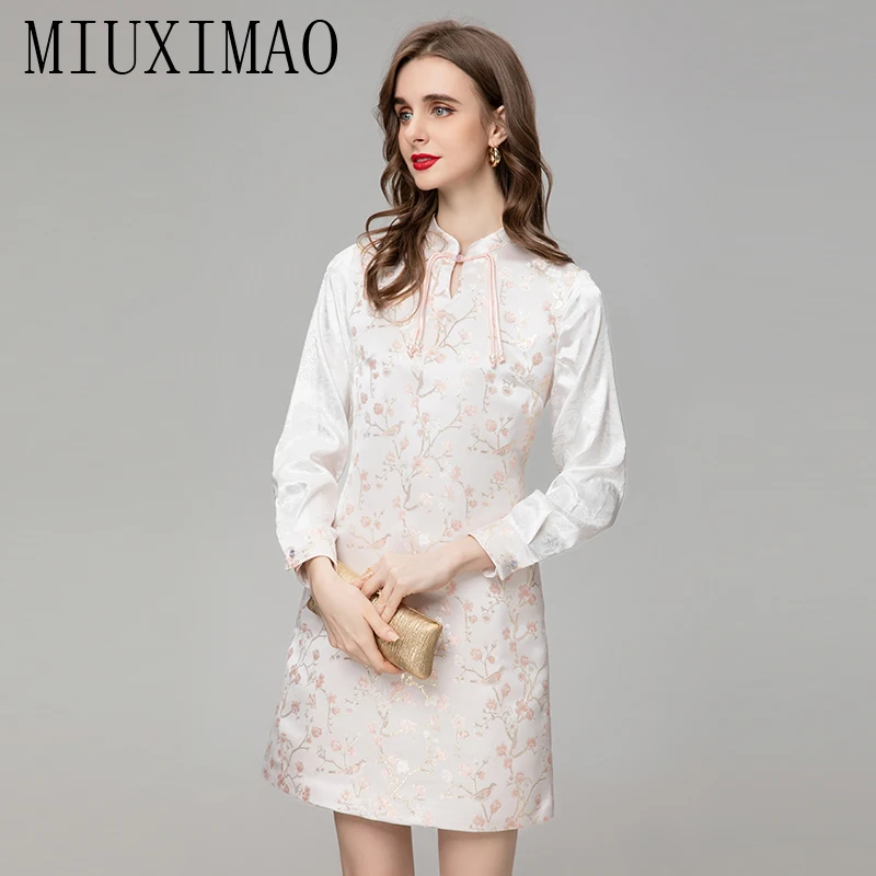 Женское жаккардовое мини-платье MIUXIMAO, подиумное платье в китайском стиле с круглым вырезом и рукавами-фонариками на осень