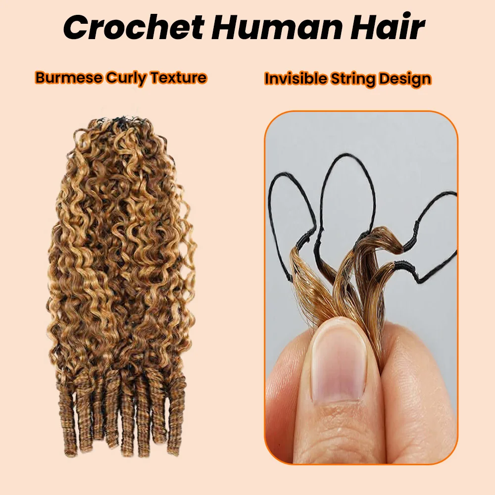 Burmese Curly Honey Blonde Highlight Crochet Hair Machine Made Feather Human Hair Extension Braiding Hair With Invisible Knot 2