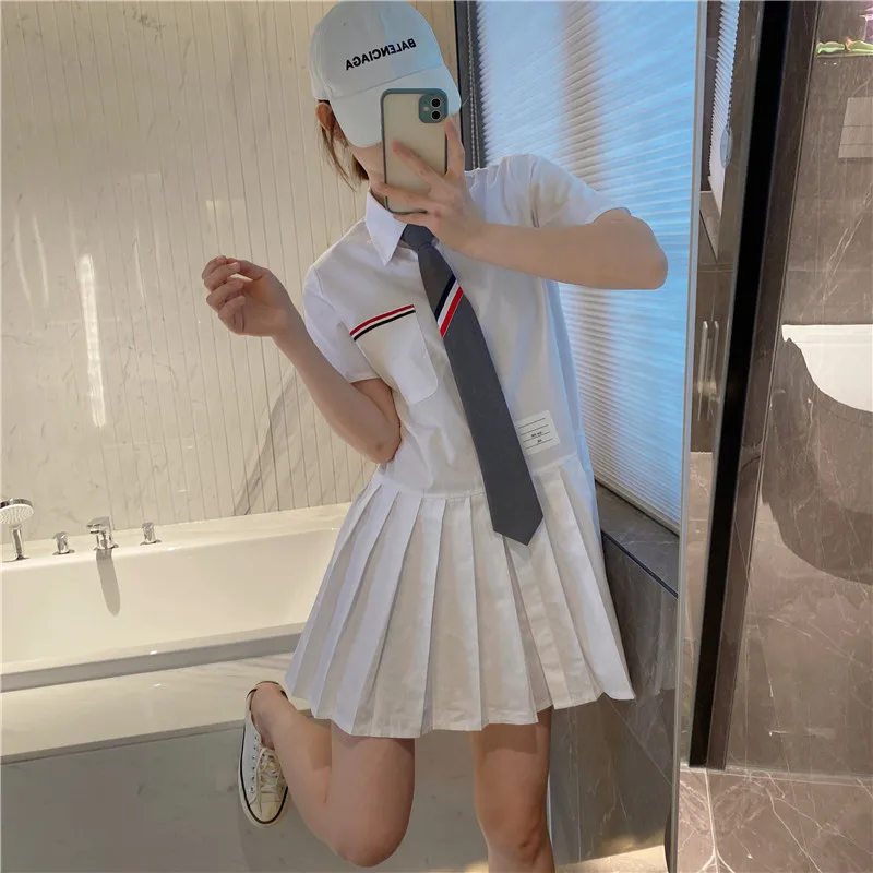 

Hot Girl College Style Polo Collar Shirt Dress TB College Style Summer Loose Tie Slim Pleated Skirt