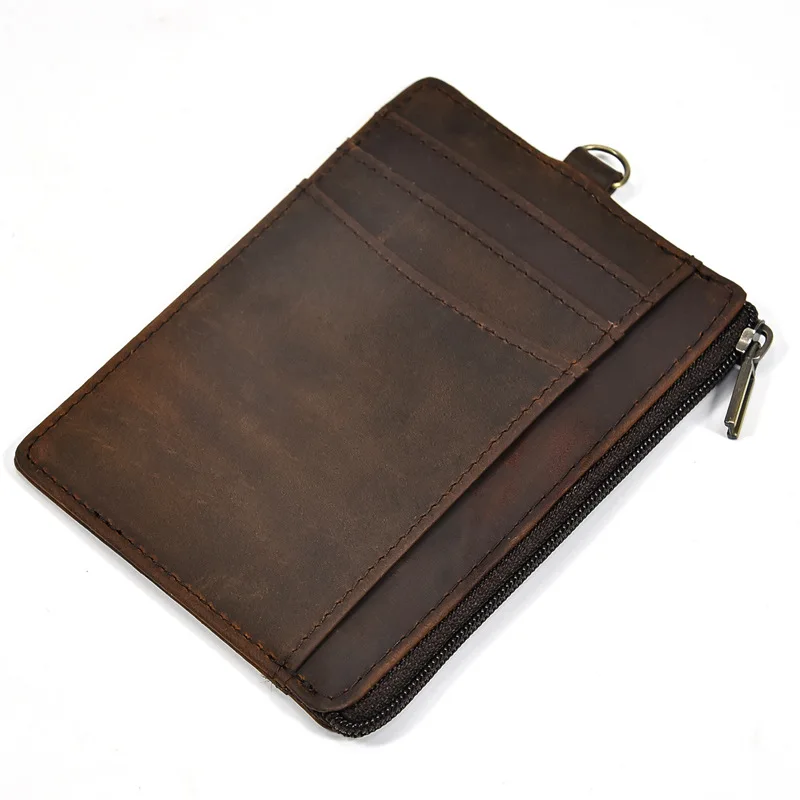 Genuine Leather Card Holder with Vintage Crazy Horse Leather, Multiple Card Slots,Chain and Anti-theft Function