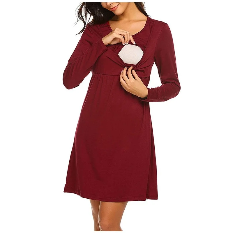 

2022 Pregnancy Maternity Long Sleeve Dresses Casual O-Neck C Nursing Nightgown Pregnant Women Breastfeeding Sleepwear