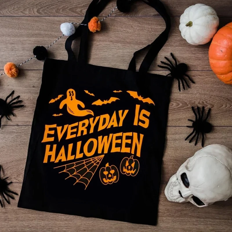 Everyday Is Halloween, schwarze Canvas-Einkaufstasche, Süßes oder Saures, Festival, Party-Dekoration, Zubehör, wiederverwendbare Einkaufstasche, lustiges Geschenk