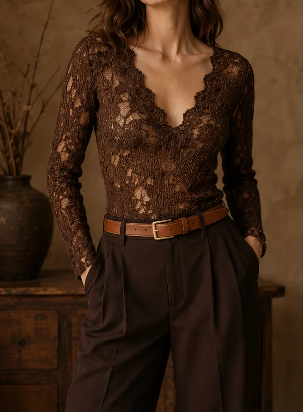 Blusa de Punto Elegante para Mujer, Otoño Invierno, Cuello en V Irregular, Calado con Encaje, Manga Larga, Ajustada