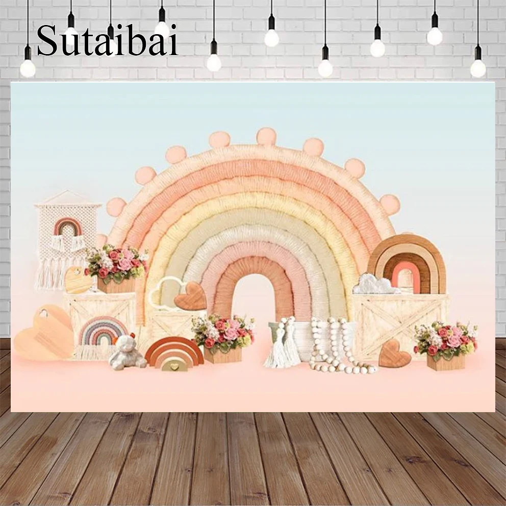 

Фон для фотосъемки в богемном стиле с изображением радужных розовых воздушных шаров для девочек на 1-й день рождения с изображением торта