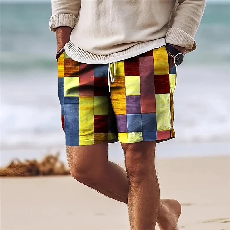 2024 Summer Hawaii Beach Shorts Travel Casual Colorful Plaid Printing Sports Quick Drying GYM Trunks Ice Shorts Hawaii Swimwear 2