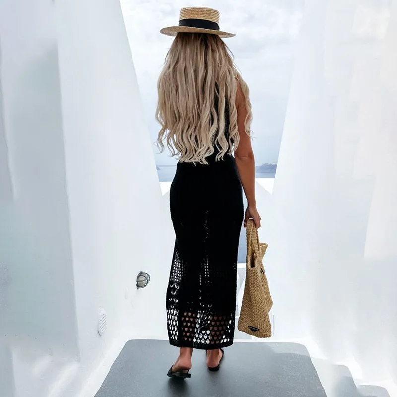 2023 Summer New Women's Mid Length Split Long Skirt Slim Fit Straight Step Beach Skirt Set of Two, Truncated Top and Split Half