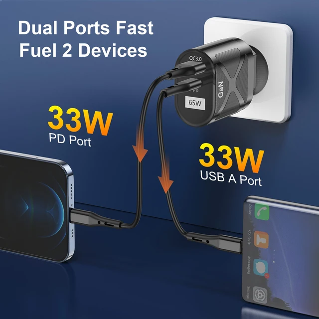 Chargeur Gan 65W PD 33W quick charge QC 3.0, adaptateur USB